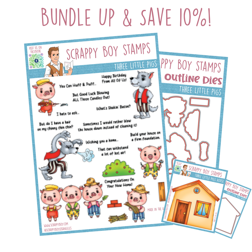 Bundle - Three Little Pigs & Three Little Pigs House Stamps & Outline Dies scrappyboystamps