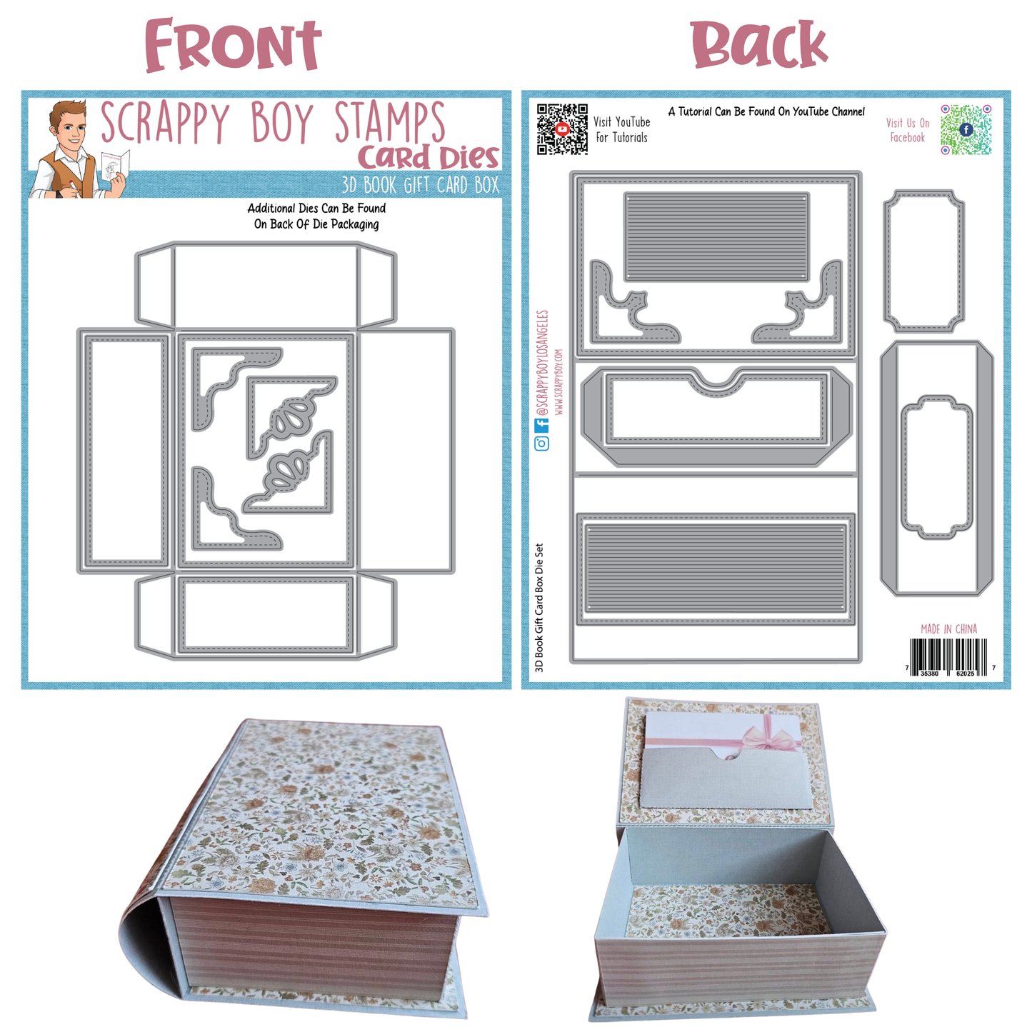 Card die set for creating a 3D book gift box with Scrappy Boy Stamps branding.