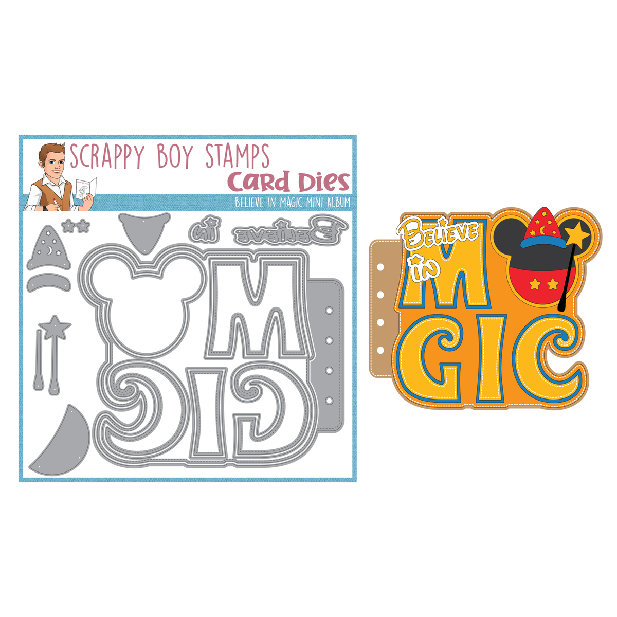 Scrapply Boy Stamps 'Believe in Magic' card dies set, showing the steel die cut sheet on the left and a sample stamped design on the right, on a white background.
