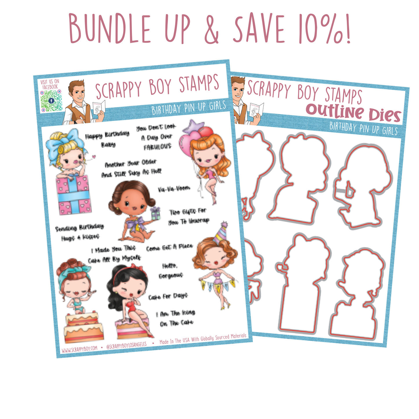 Bundle - Birthday Pin Up Girls Stamp & Outline Dies Scrappy Boy Stamps