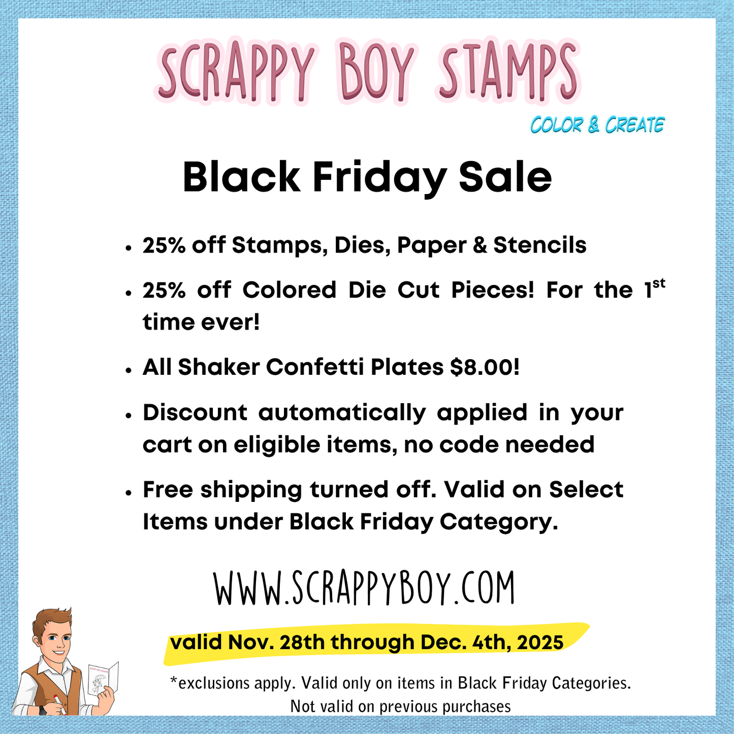 Promotional flyer for Scrappy Boy Stamps Black Friday Sale with text and a cartoon character.