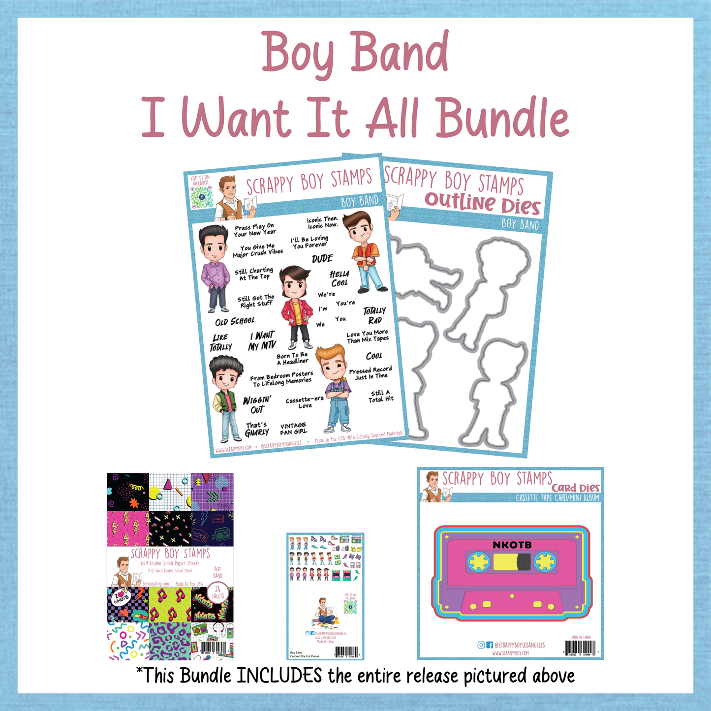 Boy Band 'I Want It All' Bundle with stamps and dies on a white background