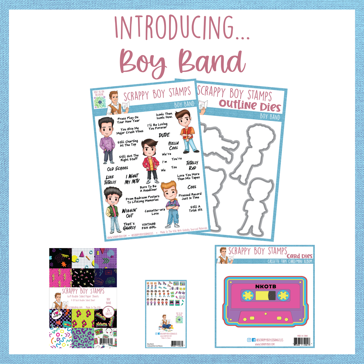 Product set for 'Boy Band' with stamps, dies, and card supplies on a white background.