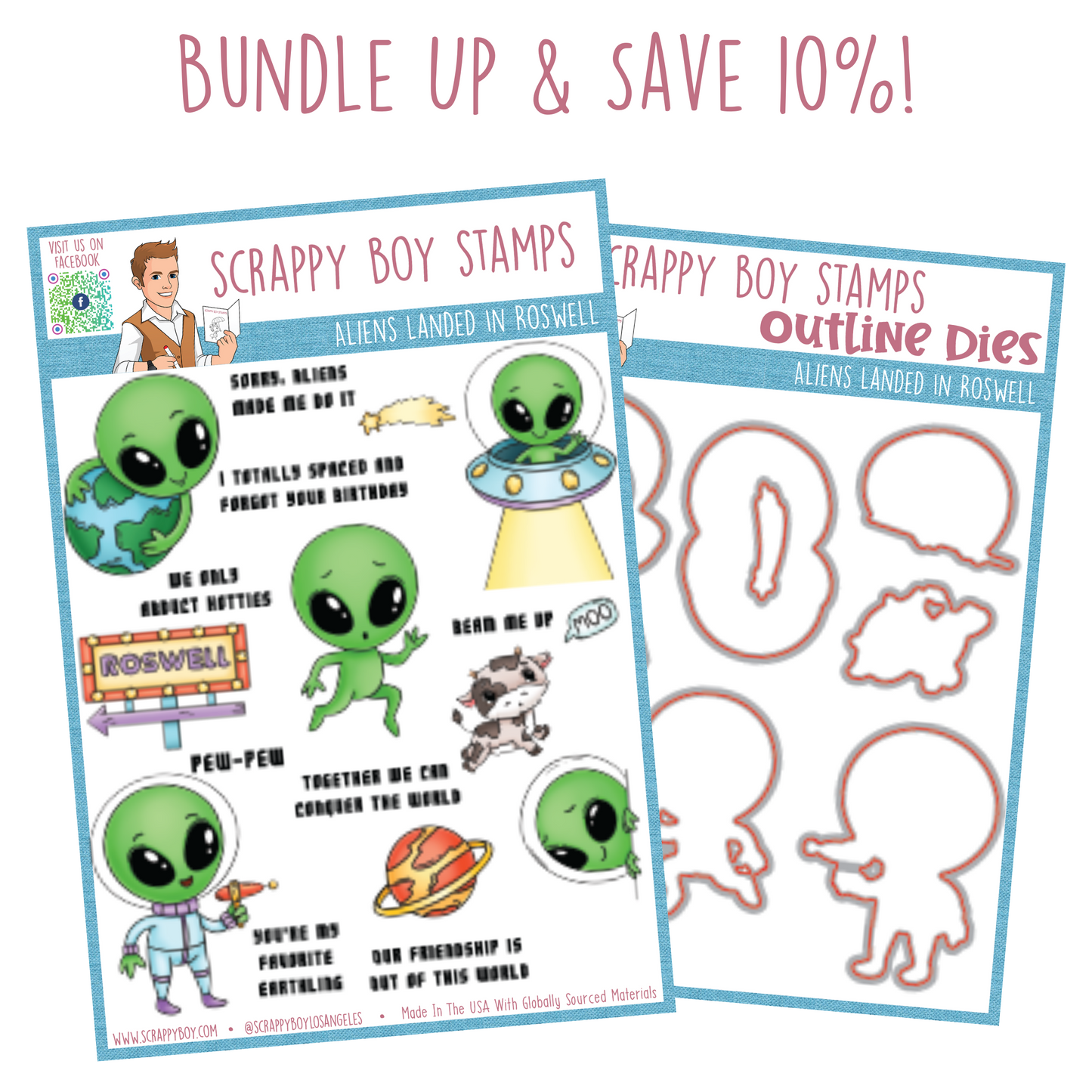 Bundle - Aliens Landed In Roswell Stamp & Outline Dies Scrappy Boy Stamps