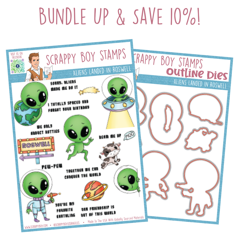 Bundle - Aliens Landed In Roswell Stamp & Outline Dies Scrappy Boy Stamps