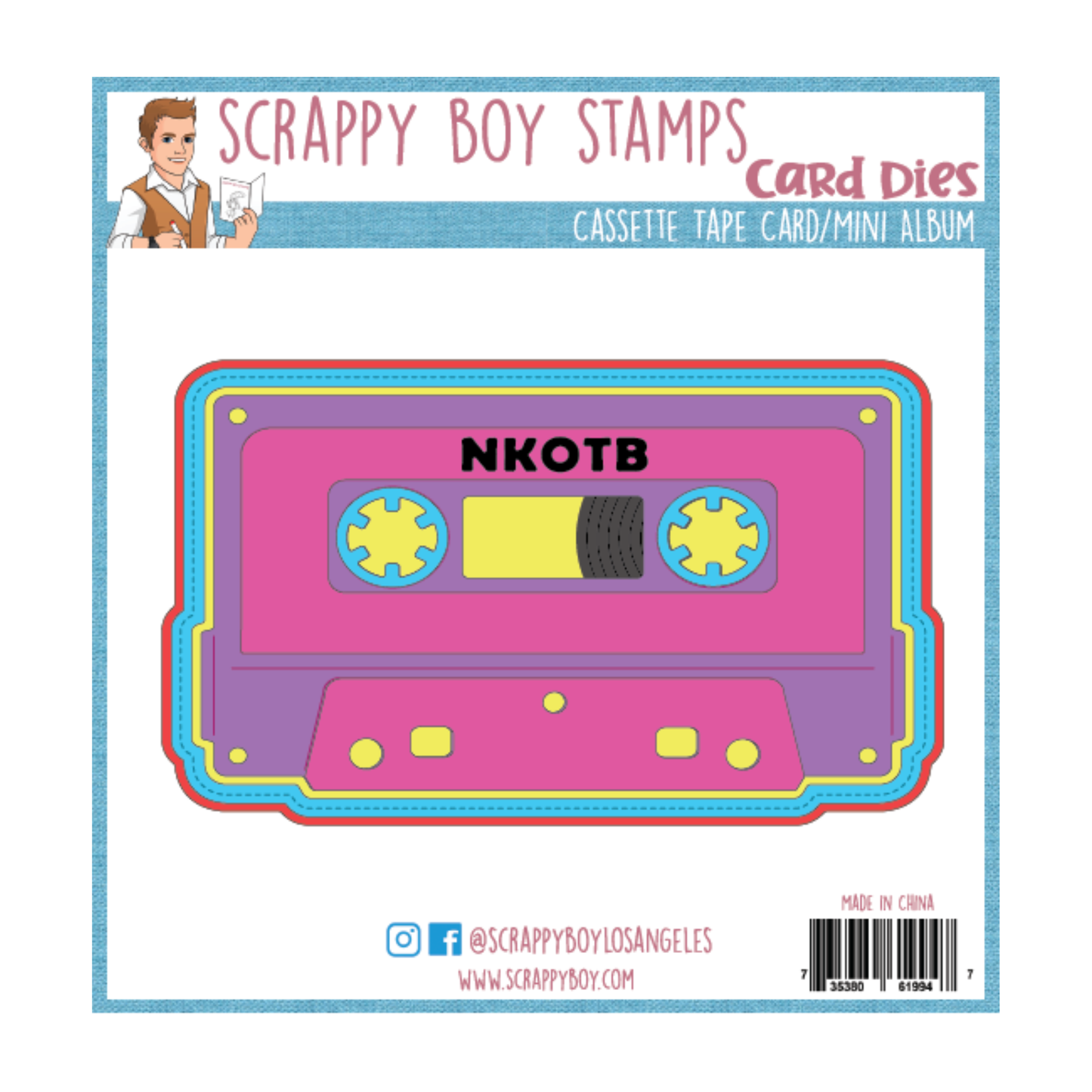 Cassette tape die with 'NKOTB' text on a white background, featuring Scrappy Boy Stamps branding.