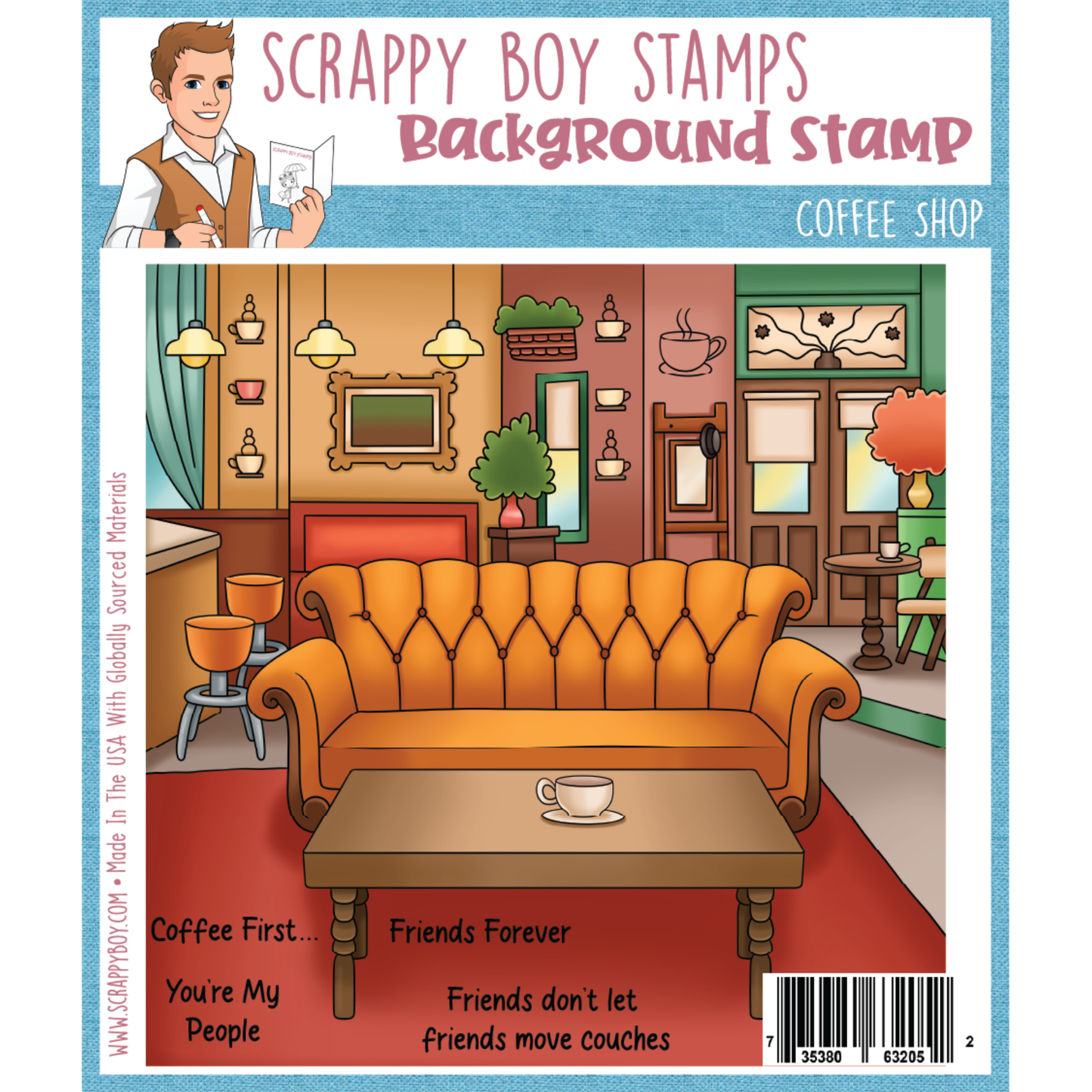 coffee shop scene stamp with a couch and coffee table, featuring sentiments