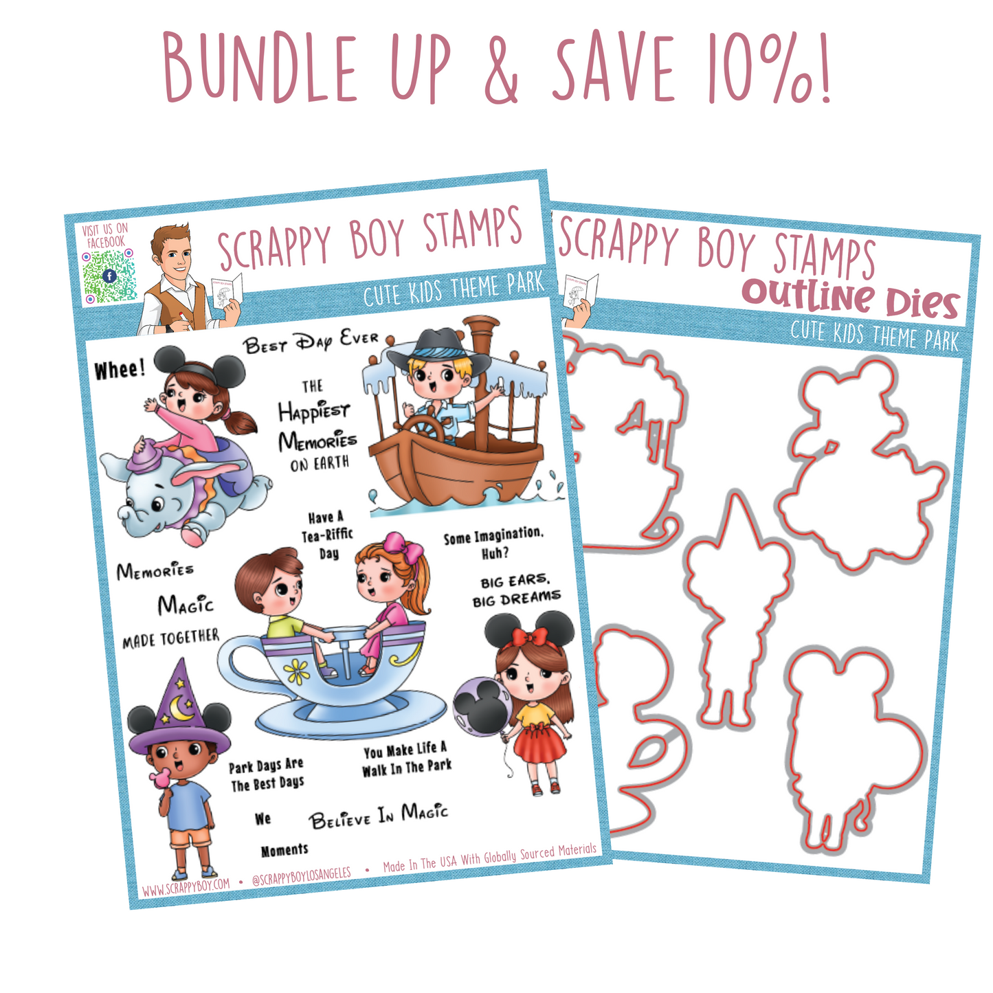 Bundle -Cute Kids Theme Park Stamp & Outline Dies Scrappy Boy Stamps