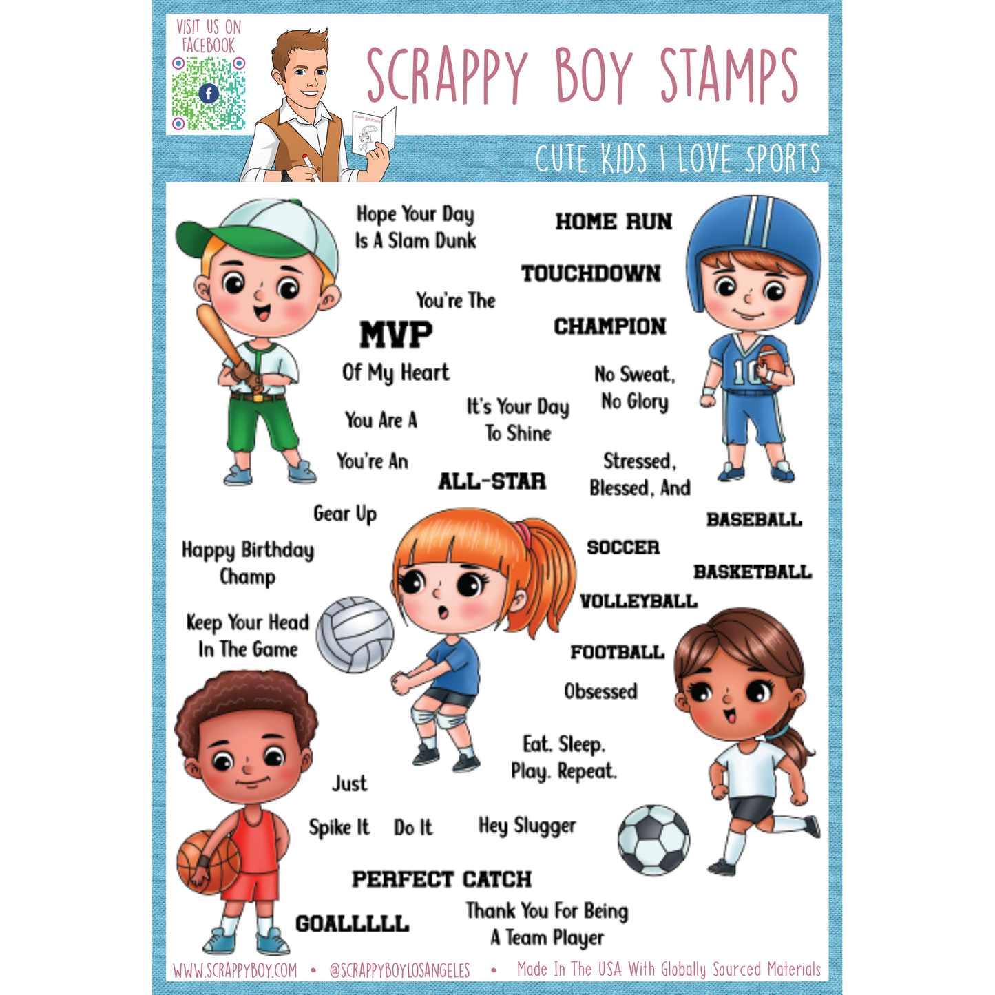 Cute Kids I Love Sports - 6x8 Stamp Set Scrappy Boy Stamps
