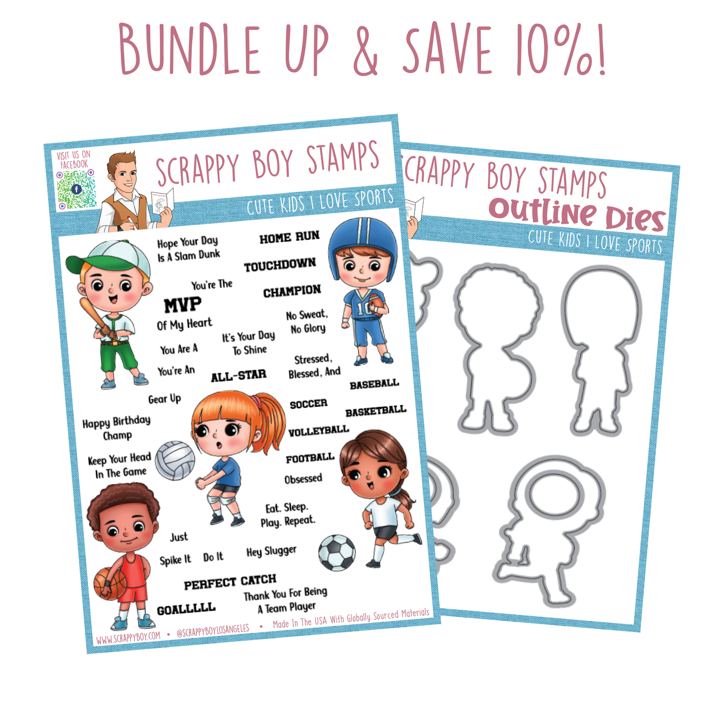 Bundle - Cute Kids I Love Sports Stamp & Outline Dies Scrappy Boy Stamps
