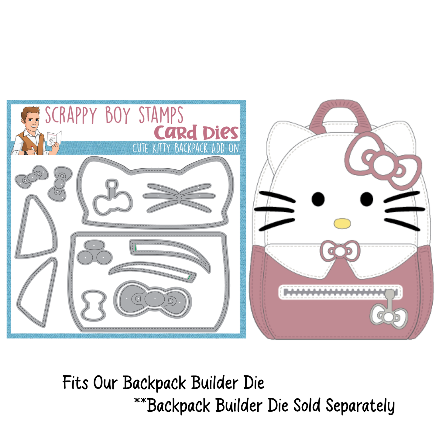Card die set for creating a cat-shaped backpack with Scrappy Boy Stamps branding.