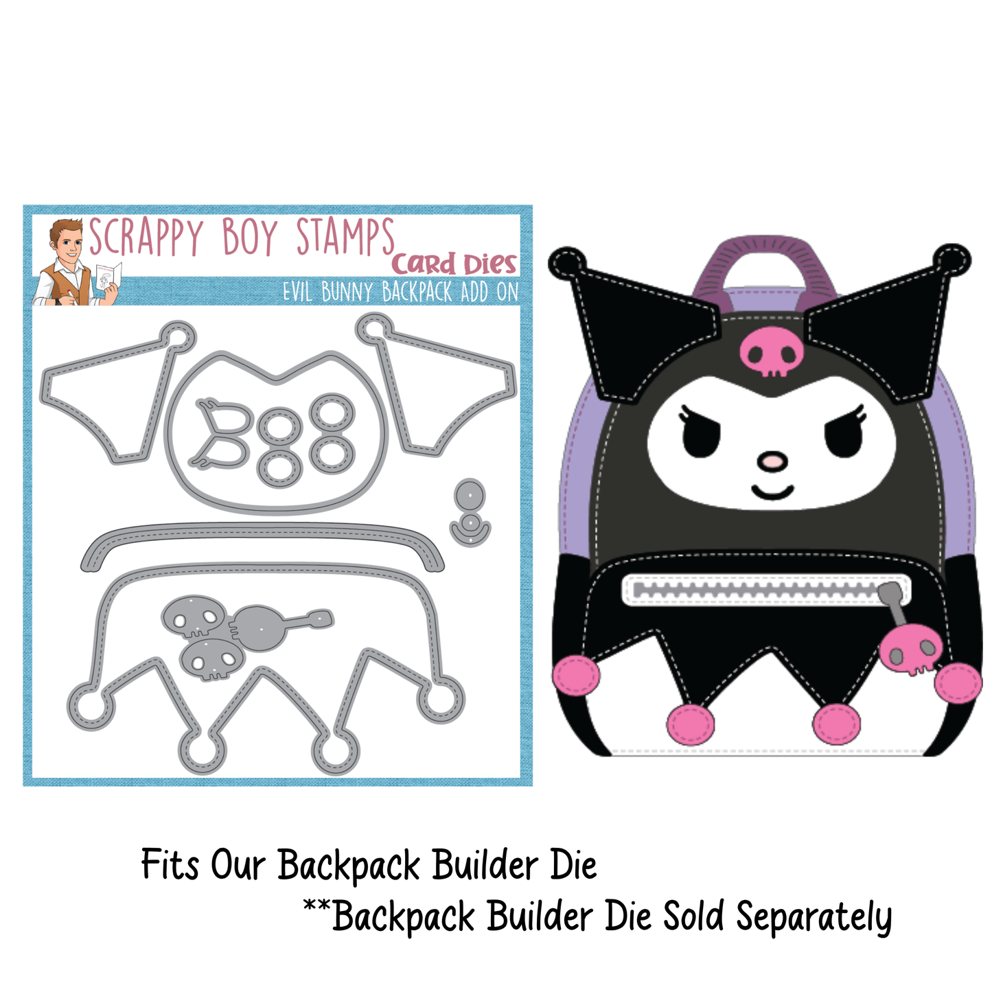 Backpack builder die cut and evil bunny backpack with Scrappy Boy Stamps branding.