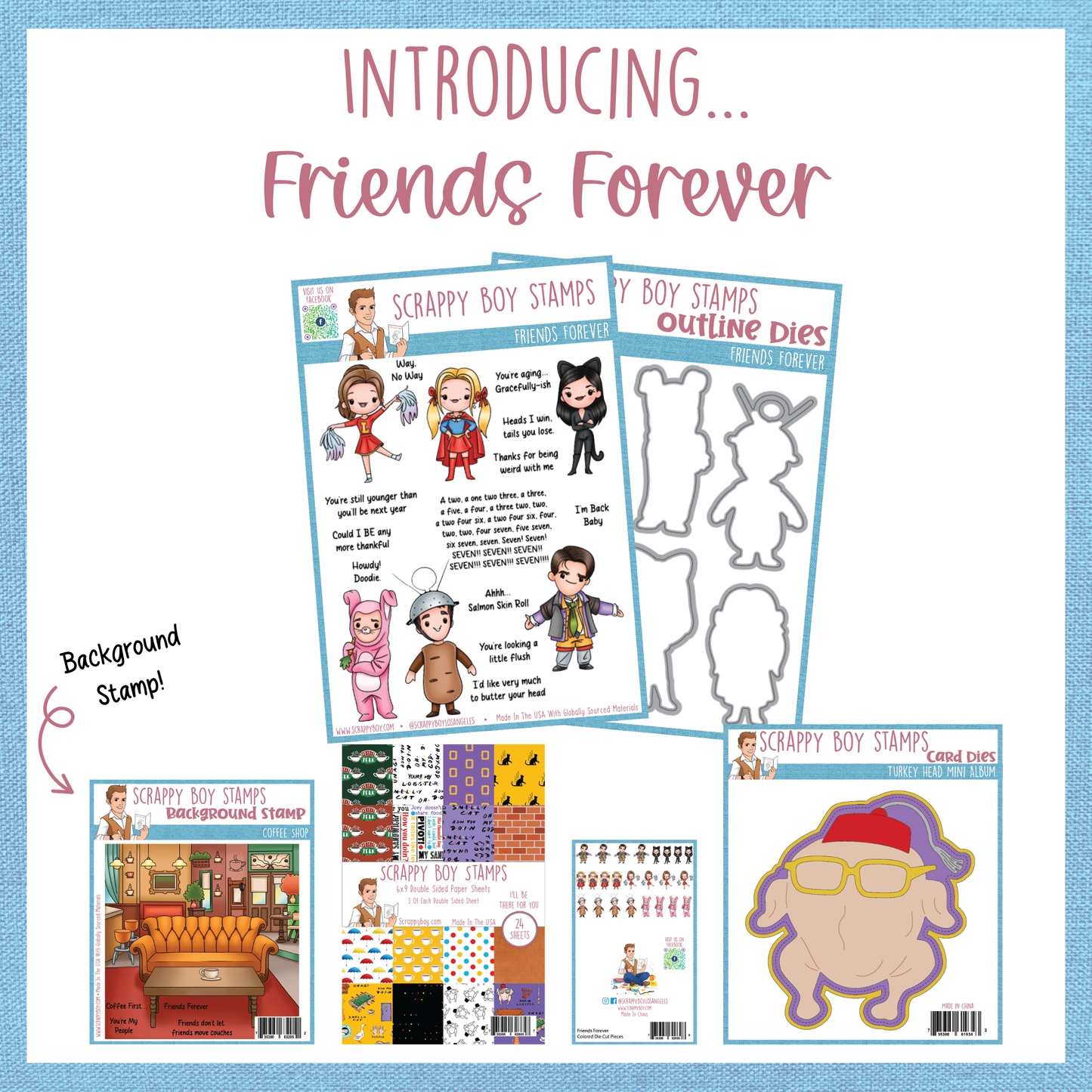 Product set for 'Friends Forever' with stamps, dies, and background stamp on a white background.