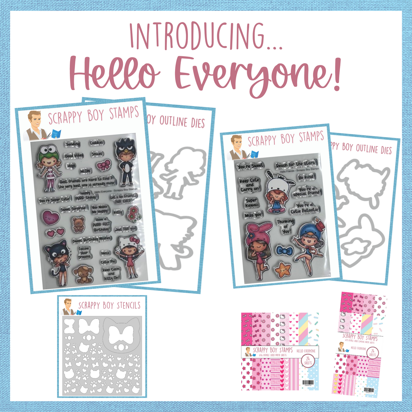 Hello Kitty Inspired stamps, outline dies, stencils and paper