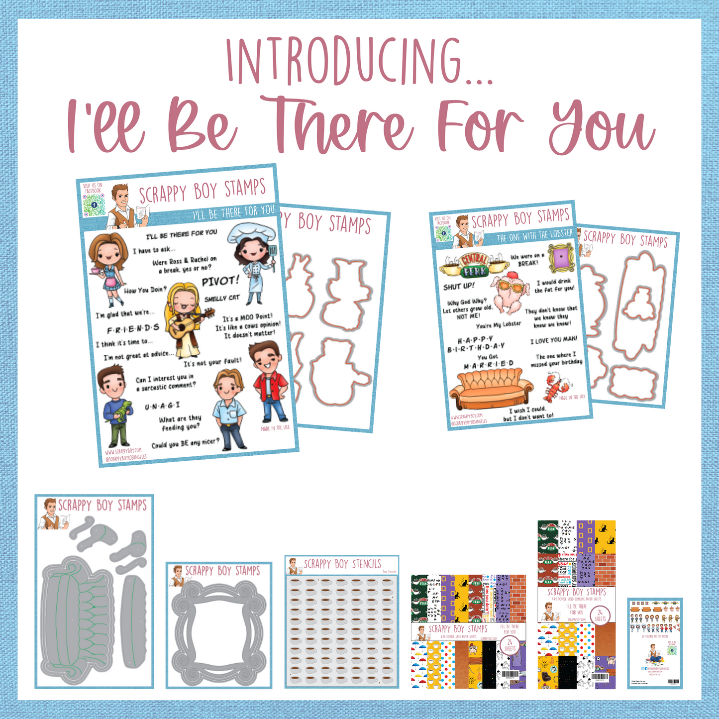 Friends Inspired stamps, dies, papers, stencils, couch shaped die