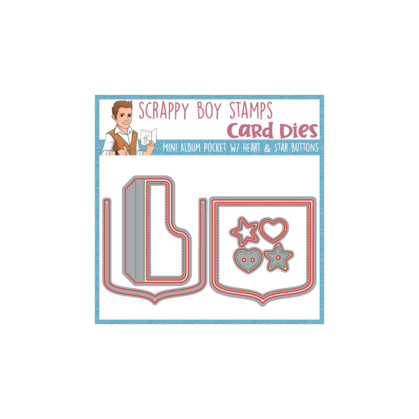 Mini Album Pocket With Heart & Star Buttons Die scrappyboystamps