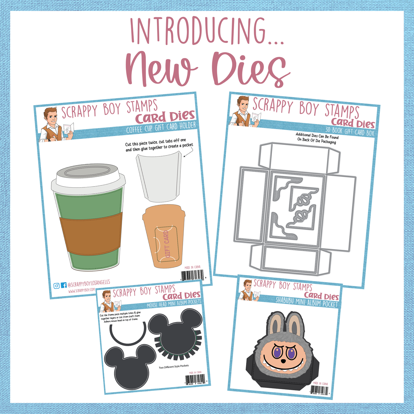 Promotional image of Scrappy Boy Stamps card dies with product examples on a white background.