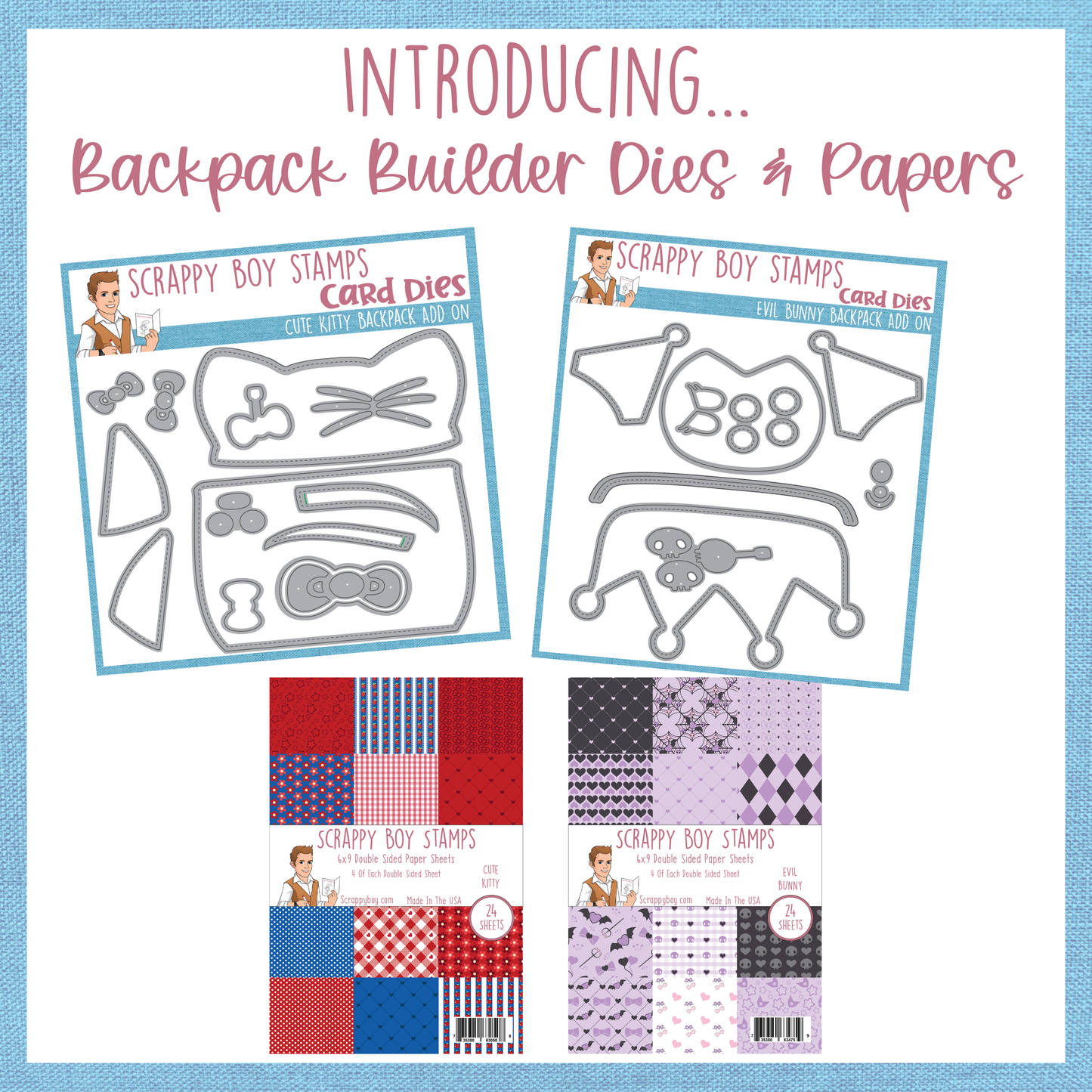 Backpack Builder Dies & Papers set with card dies and patterned papers on a white background.