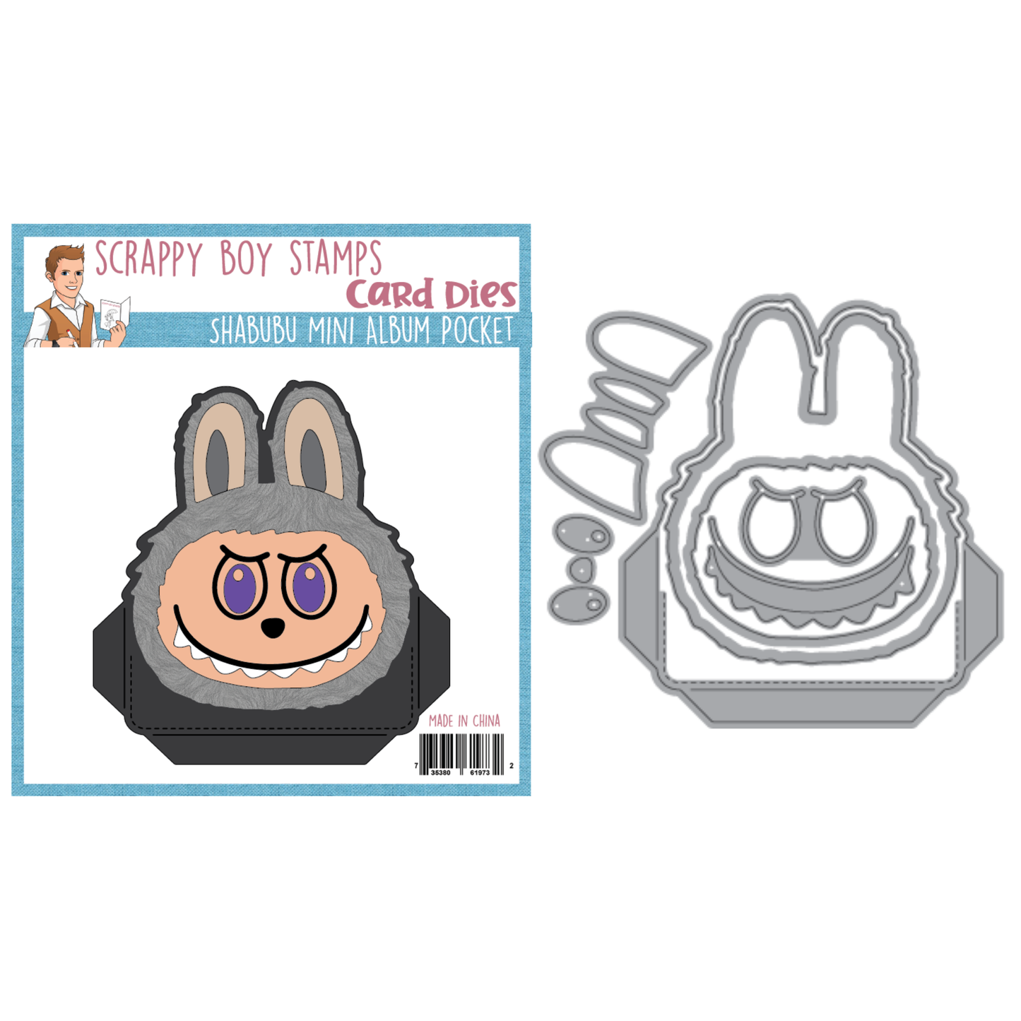 Card die with cartoon character design and packaging on a white background