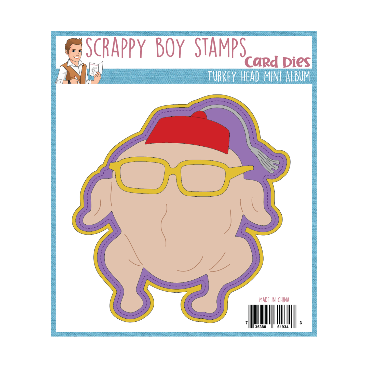 Card die with a turkey head design wearing glasses and a red cap, branded 'Scrappy Boy Stamps'.