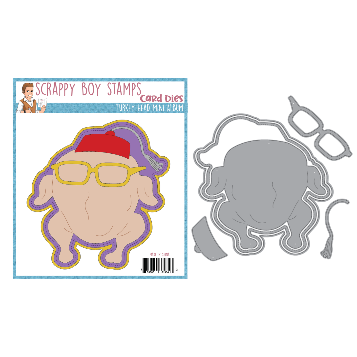 Card die with turkey head design and packaging by Scrappy Boy Stamps on a white background