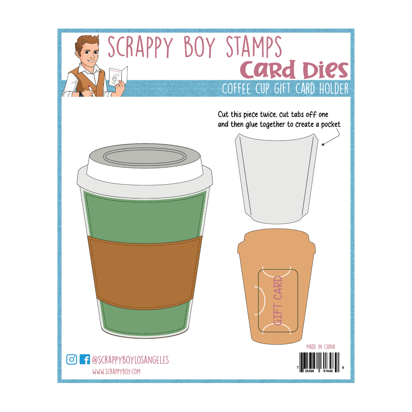 Card die set packaging for a coffee cup gift card holder by Scrappy Boy Stamps.