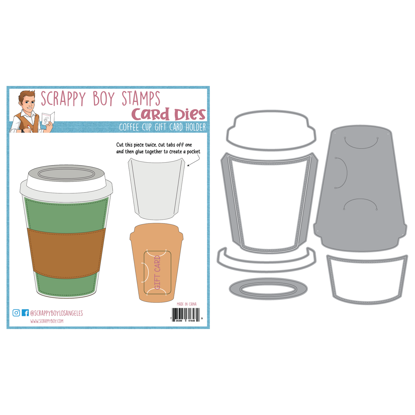 Card die set for creating coffee cup designs with Scrappy Boy Stamps branding.