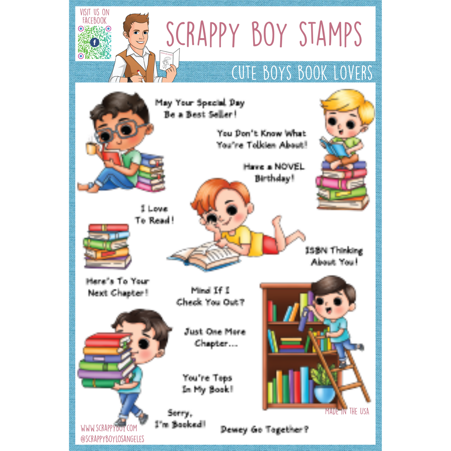 Cute Boys Book Lovers- 6x8 Stamp Set Scrappy Boy Stamps