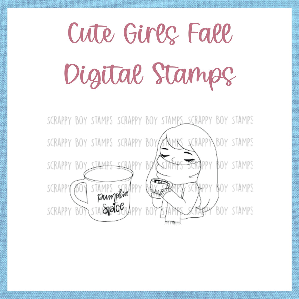 Cute Girls Fall Leaves - DIGITAL STAMP scrappyboystamps