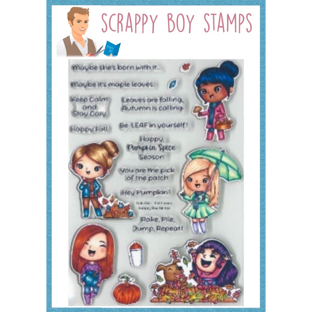 Cute Girls Fall Leaves 6x8 Stamp Set Scrappy Boy Stamps